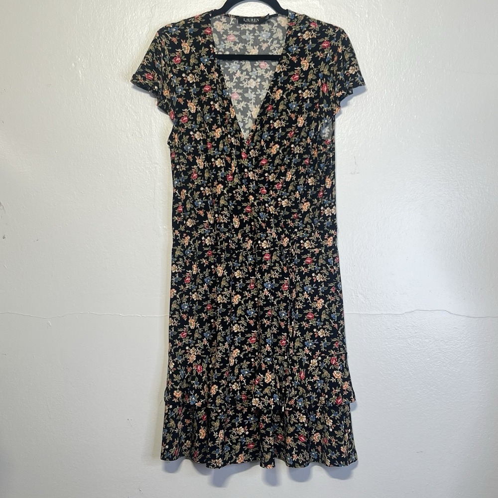 Lauren Ralph Lauren Women Black Label V-Neck Floral Knit Dress Sz 12‎ Ruffle